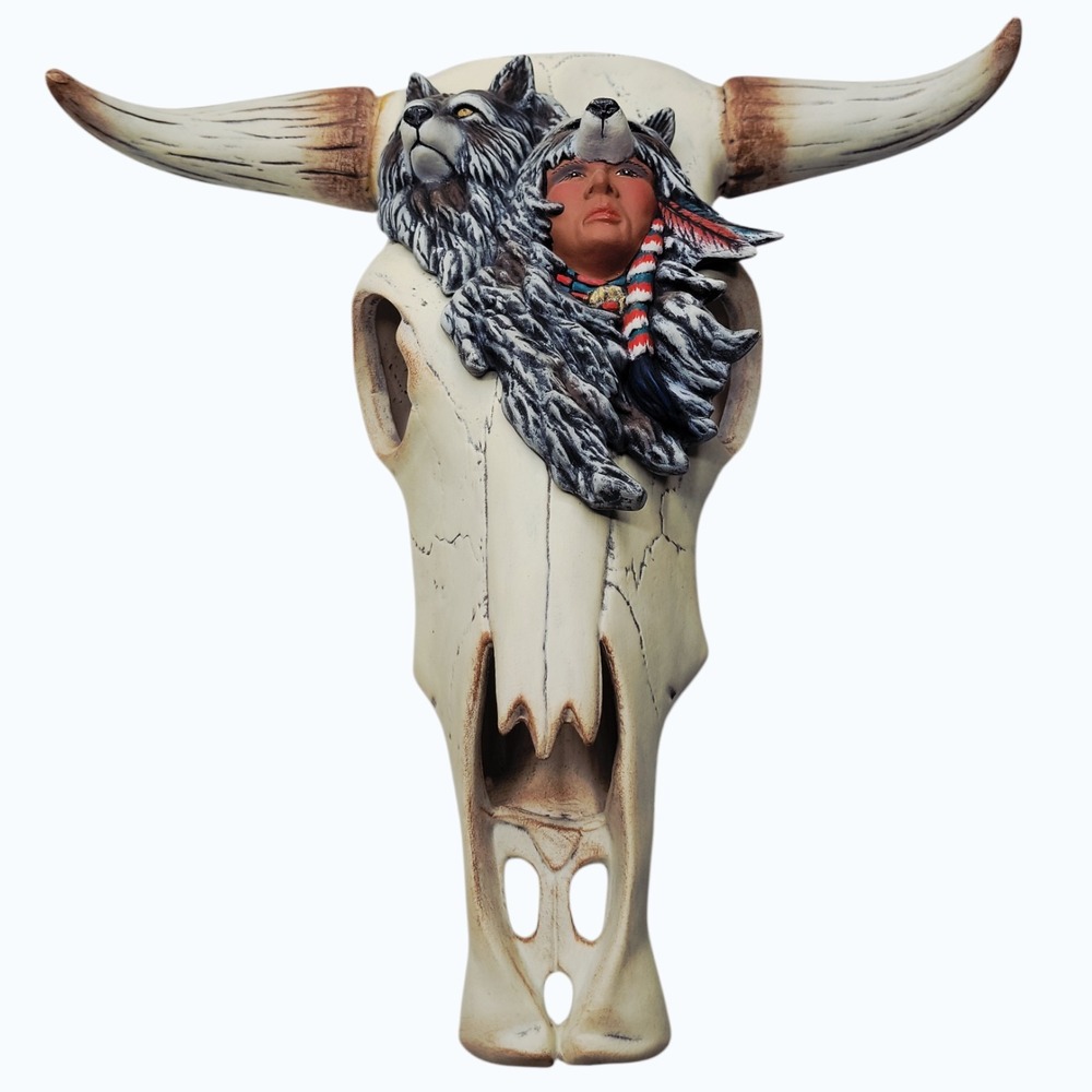 Signed Bowen 1995 Southwestern Native American Wolf Skull Wall Sculpture‎ Bust